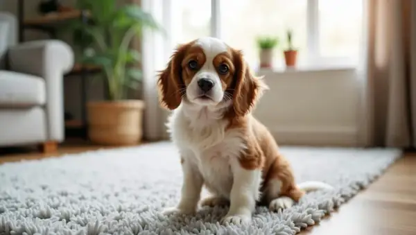 Uroczy szczeniak Cavalier King Charles Spaniel siedzi na dywanie, wyglądając jak najmniej kłopotliwy pies na świecie.