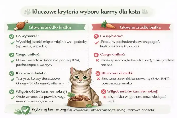 Grafika porównuje kryteria wyboru karmy dla kota. Po lewej stronie zalecenia dotyczące wysokiej jakości mięsa i dodatków, po prawej czego unikać. Kotek z miską karmy.