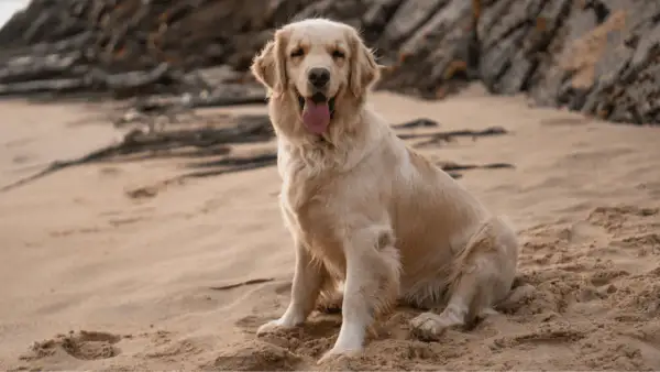 Szczęśliwy golden retriever o złotym futrze siedzi na piaszczystej plaży, ciesząc się ciepłem. Jego piękne, złote kolory idealnie komponują się z otoczeniem.