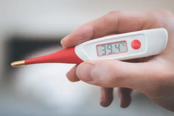 Cyfrowy termometr pokazuje 39.4°C. To może oznaczać gorączkę u psa, który potrzebuje pomocy weterynarza.