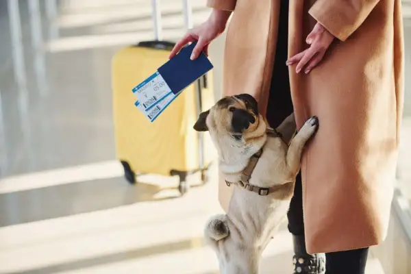 Piesek mops z biletem lotniczym i żółtą walizką na lotnisku.